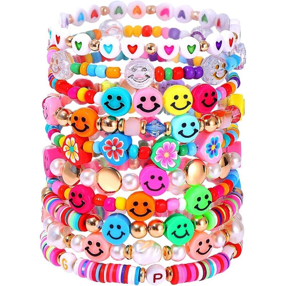 Beaded Bracelet Set Rainbow Colorful Happy Face Pearl Heishi Stretchy Jewelry